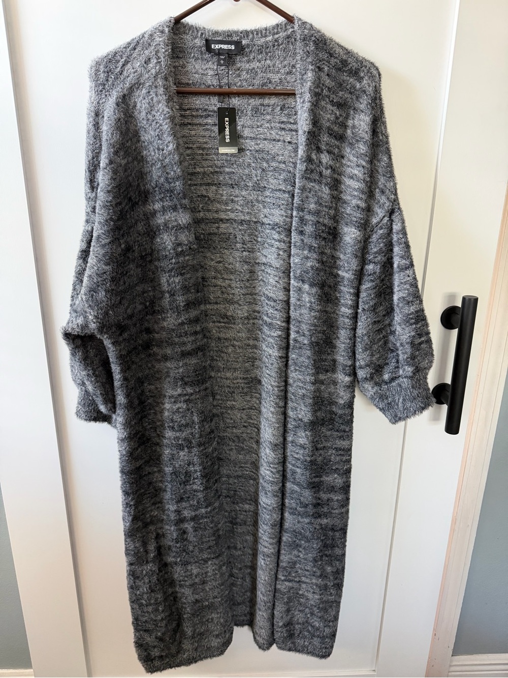 Express Gray Open-Front Longline Knit Cardigan